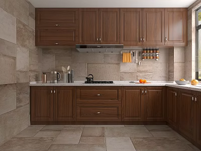 Traditional Kitchen Interior With Dark Brown Wooden Cabinets Beige Stone Walls And Light Countertop 3d model
