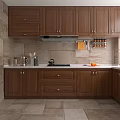 Traditional Kitchen Interior With Dark Brown Wooden Cabinets Beige Stone Walls And Light Countertop