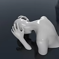 White Human Sculpture Head Bowed With Hand Resting On Greenery And Water Reflection Background