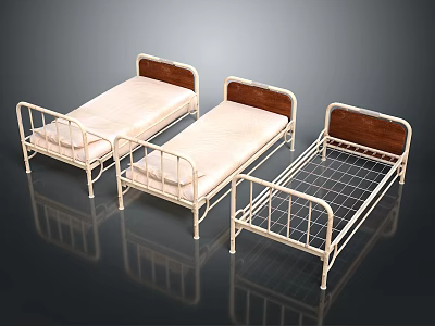 Three White Metal Frame Beds With Wooden Headboards And Light Colored Mattresses 3d model