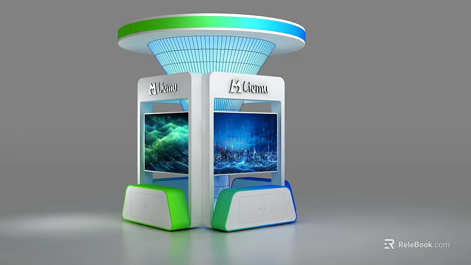 Modern Display Shelves With Circular Green Blue Top And Digital Screens 3d model 