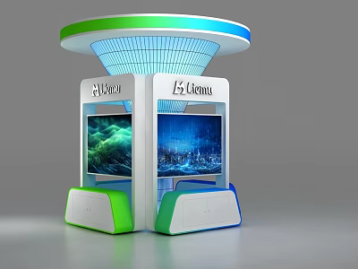 Modern Display Shelves With Circular Green Blue Top And Digital Screens 3d model