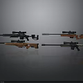 Various Sniper Rifles With Scopes In Different Colors And Tactical Designs