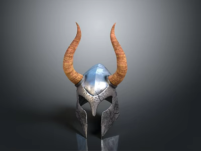 Horned Warrior Helmet With Silver Metal Surface And Brown Curved Horns 3d model