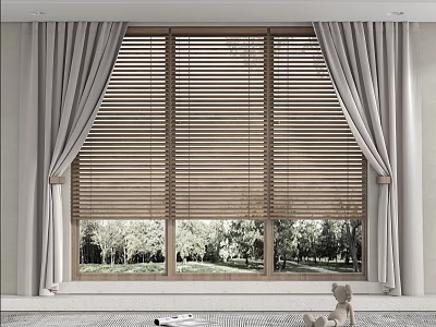 Light Gray Curtains And Wooden Blinds On Large Window With Green Trees View 3d model