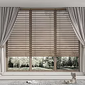 Light Gray Curtains And Wooden Blinds On Large Window With Green Trees View