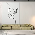 Beige Multi Person Sofa With Green Cushions And Abstract Line Art In Modern Living Room
