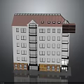 Multi Story Apartment Building With Red Roof White Exterior Multiple Windows And Brick Base