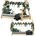 Kids Bed With Wooden Frame Green Vines Decor Adventure Theme Dinosaur Pillow Green Gray Bedding