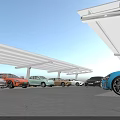 Various Colored Cars in Parking Lot under White Canopies with Blue Sky and White Clouds
