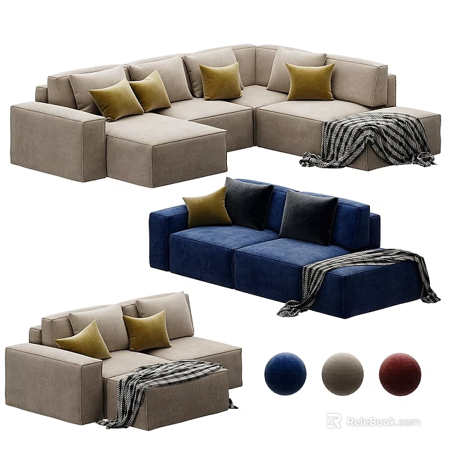 Stylish Sectional Sofa With Multiple Color Options Pillows And Throw Blanket 3d model