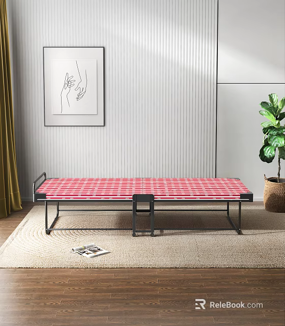 Red Checkered Foldable Bed With Black Metal Frame In Modern Room Setting 3d model