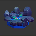 Low Poly Surrounding Rocks Scene With Glowing Lotus And Blue Hexagonal Base