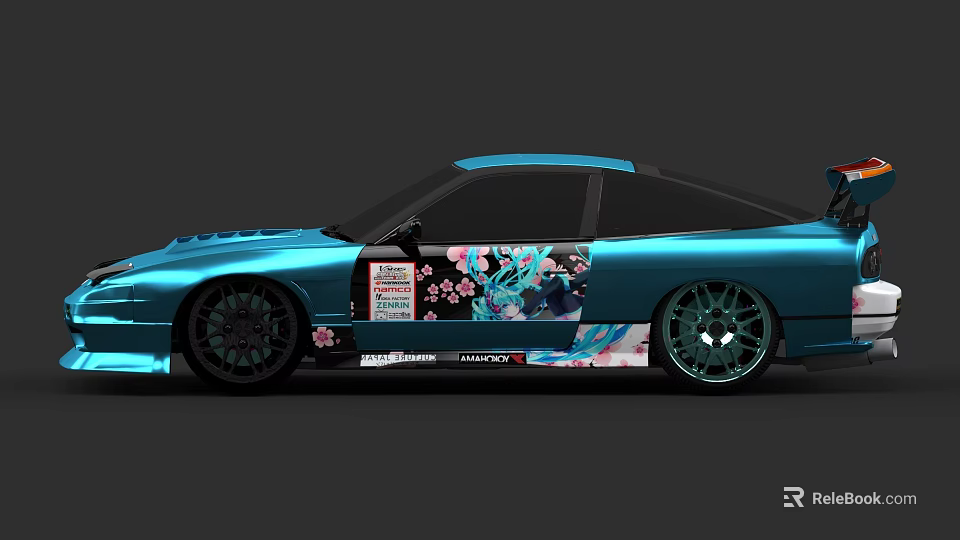 Teal Two Door Sports Car With Anime Style Decals Cherry Blossom And Black Rims 3d model 