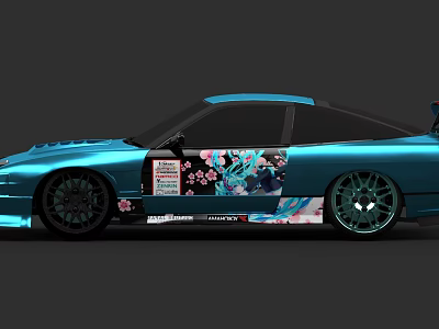 Teal Two Door Sports Car With Anime Style Decals Cherry Blossom And Black Rims 3d model
