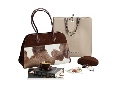 Stylish Brown Beige Leather Bags Collection Cow Print Design With Coffee Cup Books Eyeglass Case 3d model