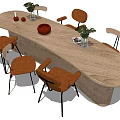 Dining Table Set with Wooden Tabletop Six Chairs and Potted Plants on Tabletop Decor