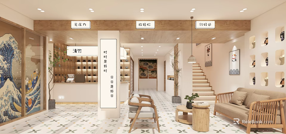 Elegant Clubhouse Interior With Tea Baking Areas Staircase And Plants 3d model 