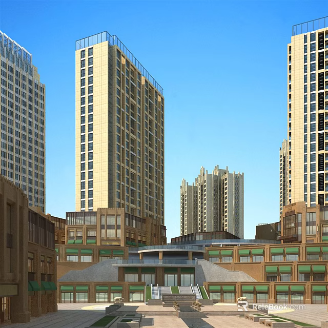 Vibrant Modern Commercial Street With Surrounding High Rise Buildings And Glass Facades 3d model 