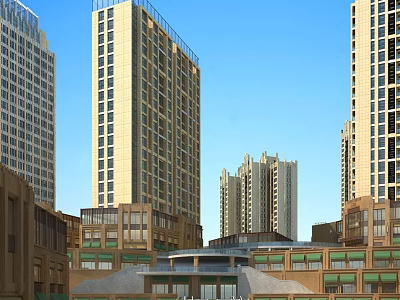 Vibrant Modern Commercial Street With Surrounding High Rise Buildings And Glass Facades 3d model