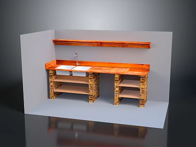 Rustic Kitchen Setup Featuring Wooden Countertop Sink Lower Shelves And Upper Shelf 3d model