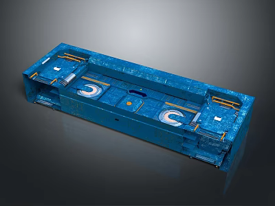 Blue Elongated Mechanical Component With Circular Elements And Yellow Structural Details 3d model
