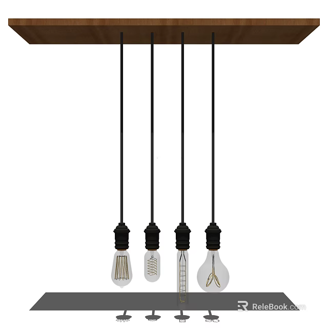 Pendant Lights With Four Different Bulb Designs Hanging On Black Cords And Brown Wooden Bar 3d model 