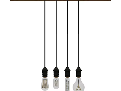 Pendant Lights With Four Different Bulb Designs Hanging On Black Cords And Brown Wooden Bar 3d model