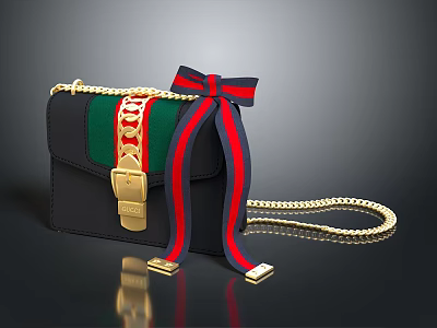 Stylish Black Handbag With Green Red Stripes Golden Buckle Chain And Bow Ribbon 3d model