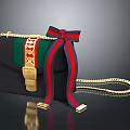 Stylish Black Handbag With Green Red Stripes Golden Buckle Chain And Bow Ribbon