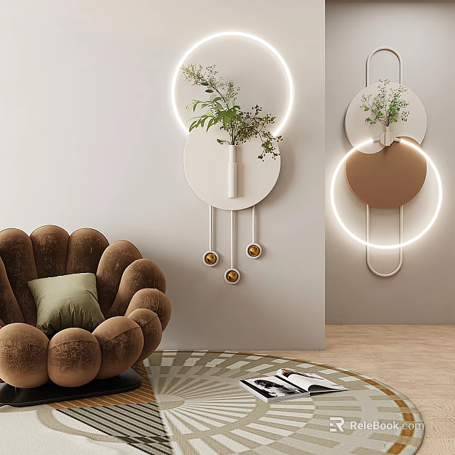 Cozy Brown Velvet Accent Chair with Green Pillow and Modern Wall Decor in Living Room 3d model 