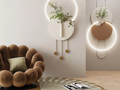 Cozy Brown Velvet Accent Chair with Green Pillow and Modern Wall Decor in Living Room 3d model