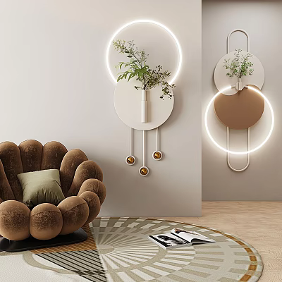 Cozy Brown Velvet Accent Chair with Green Pillow and Modern Wall Decor in Living Room 3d model