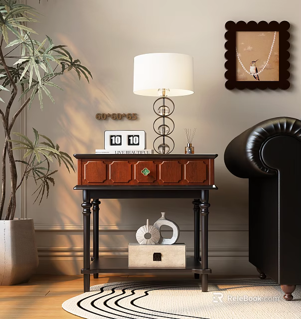 Wooden Side Table With Drawer Design And White Lampshade In Living Room With Indoor Plant 3d model 