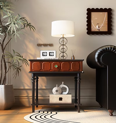 Wooden Side Table With Drawer Design And White Lampshade In Living Room With Indoor Plant 3d model