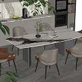 Elegant Modern Dining Area With Rectangular Marble Table Six Brown Chairs And Kitchen Background 3d model