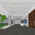 Modern Hotel Lobby With Spacious Interior Square Grid Ceiling Marble Flooring And Green Plants