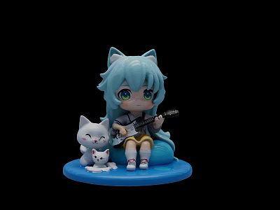Cute Blue Haired Cat Ear Doll Playing Guitar with Small Cats on Blue Base 3d model