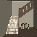 Wooden Staircase With Books On Steps And Colorful Chair By Side Table Against Neutral Wall