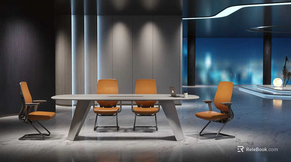 Modern Public Office Space Featuring Long Table Orange Chairs And City View 3d model 