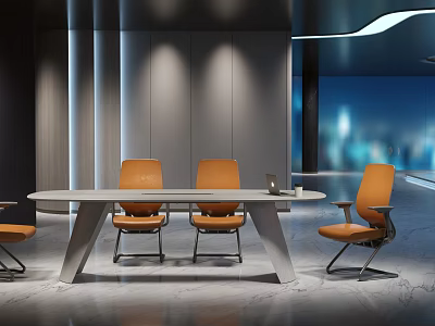 Modern Public Office Space Featuring Long Table Orange Chairs And City View 3d model