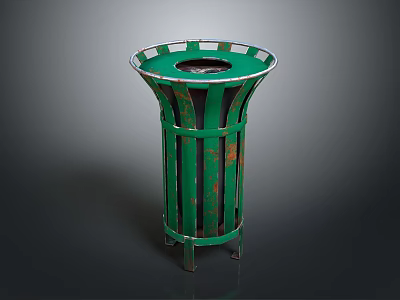 Green Metal Trash Can With Striped Design Round Top And Support Legs Structure 3d model