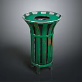 Green Metal Trash Can With Striped Design Round Top And Support Legs Structure