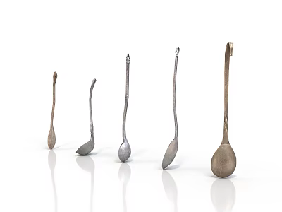 Metallic Spoons In Various Sizes And Shapes Arranged On White Background 3d model