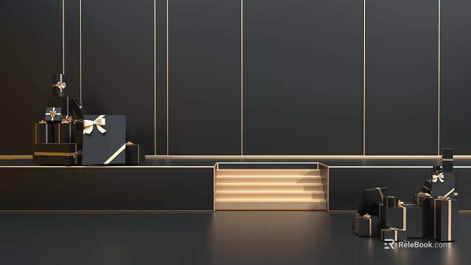 Elegant Gift Display With Black Background Gold Lines Bow Boxes And Steps 3d model