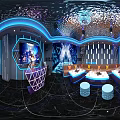 Modern KTV Lounge Interior With Blue Lighting Mirrored Ceiling LED Screen And Orange Sofas 3d model