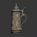 Traditional Ceramic German Beer Stein With Carved Scenery Patterns Lid And Handle For Daily Use