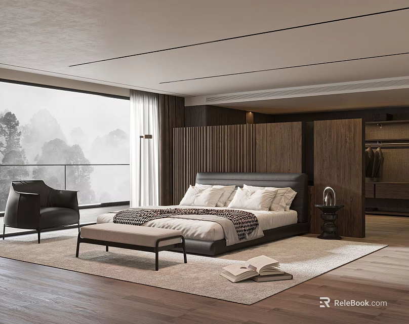 Modern Bedroom Interior With King Size Bed Bench And Floor to Ceiling Window Mountain View 3d model 