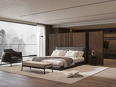 Modern Bedroom Interior With King Size Bed Bench And Floor to Ceiling Window Mountain View 3d model