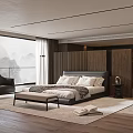 Modern Bedroom Interior With King Size Bed Bench And Floor to Ceiling Window Mountain View 3d model